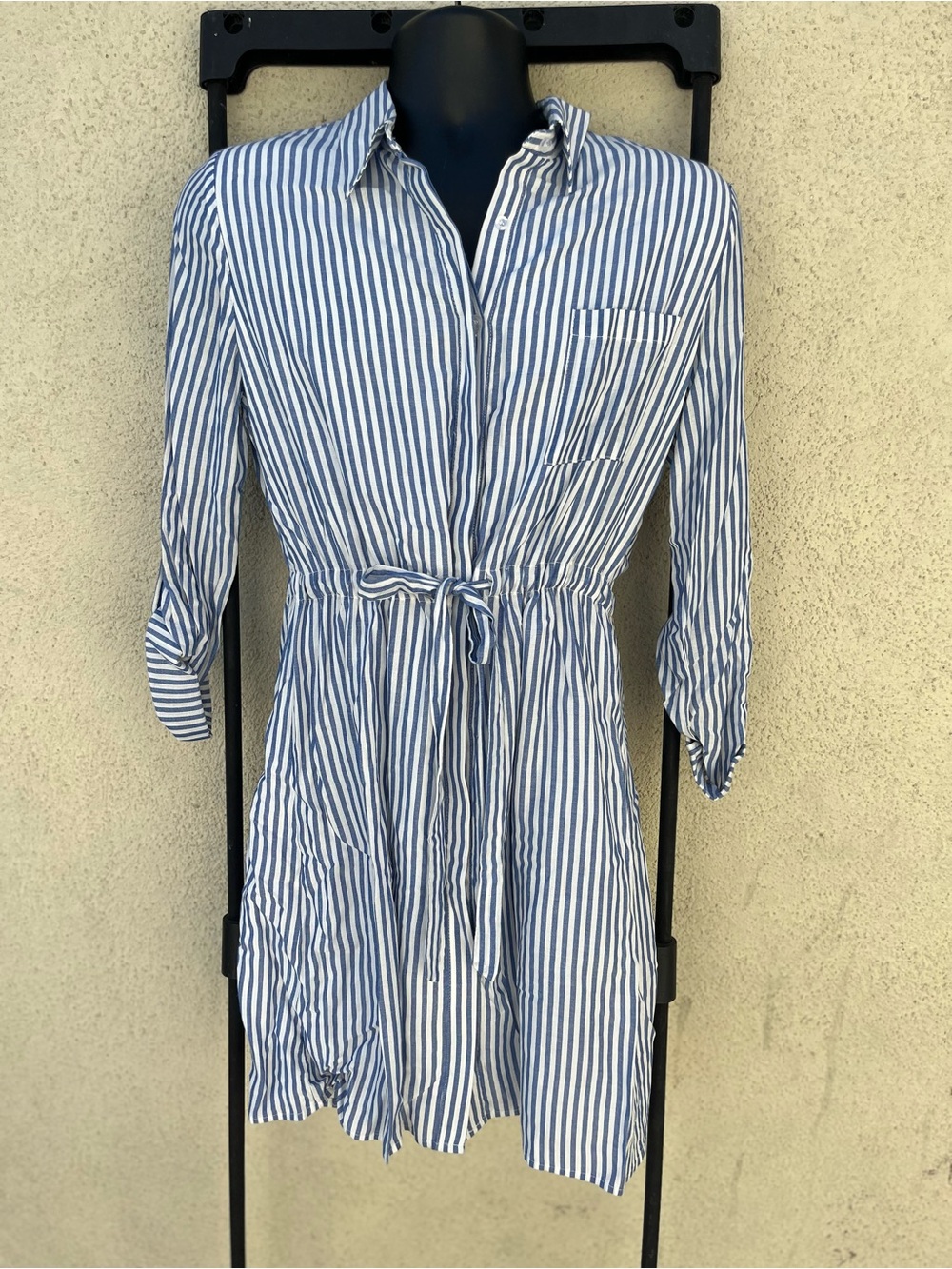 Lulu's Blue & White Vertical-Stripe Tie-Waist Midi Shirt Dress